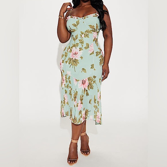 👗 🌸NWT Pleated Floral Midi Dress - Mint Green Sz L🌸👗 - Picture 4 of 6